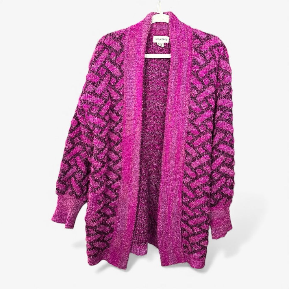 Rare Vintage Yarnworks Chenille Knit Cardigan Magenta Purple 80s Statement M